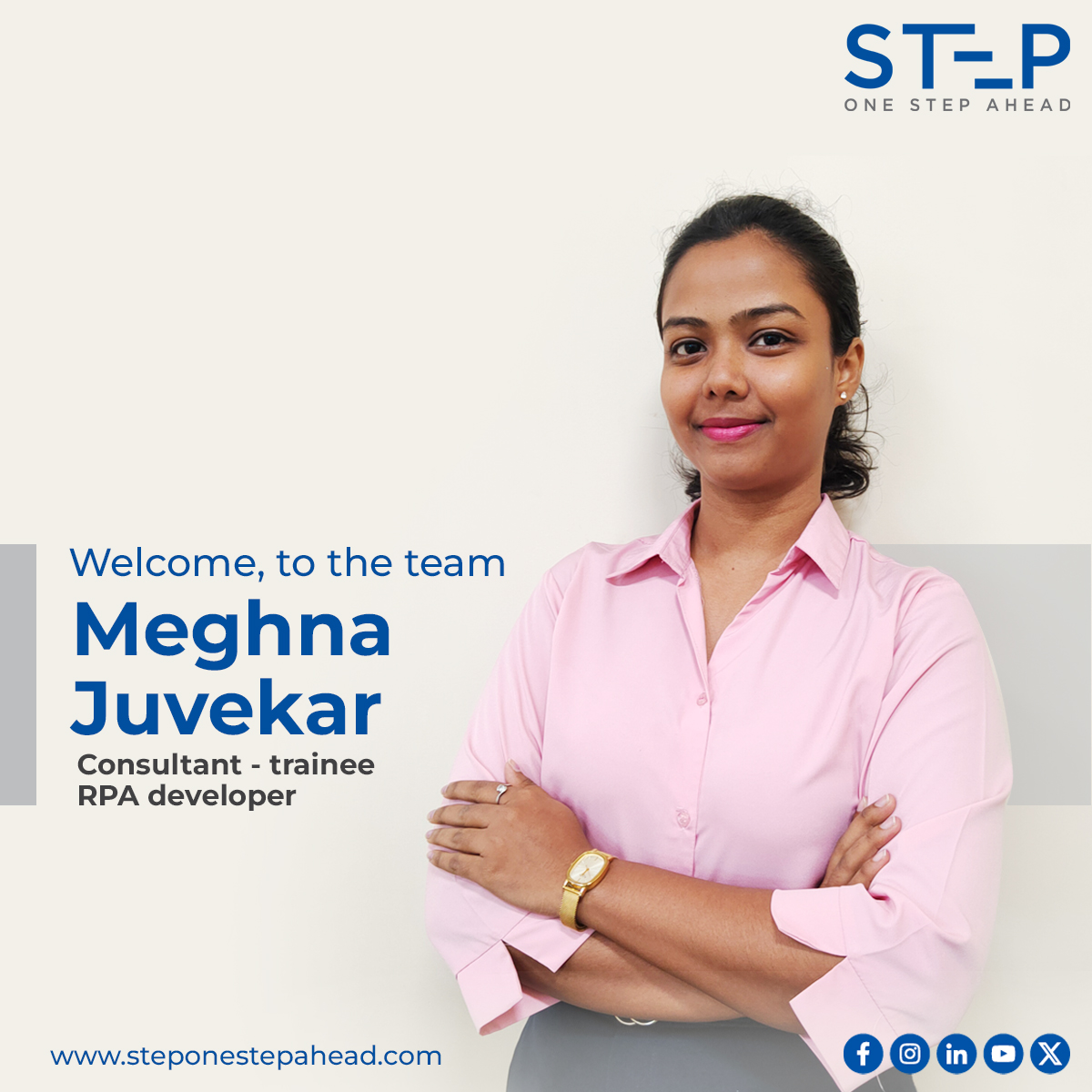 STEP_190819's tweet image. We are excited to welcome Meghna Juvekar to the team as a Consultant - Trainee RPA Developer! Please join us in giving him a warm welcome!

#welcomeemployee #newjoinee #rpadeveloper #trainee #steponestepahead