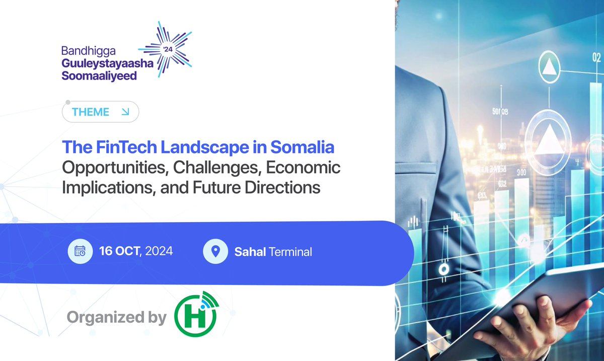 Hormuud's tweet photo. We’re thrilled to announce the third annual Somali Success Stories Conference (BGS) event! This year, we’re spotlighting Fintech in Somalia—exploring its current status, opportunities, challenges, and future prospects. Plus, fintech firms will have the chance to showcase their innovations.

Join us at Sahal Terminal, Mogadishu, on October 16, as Somalia’s fintech industry leaders, policymakers, and innovators explore the dynamic fintech landscape in Somalia.

#BGS24 #FinTechSomalia #GuulSoomaaliyeed