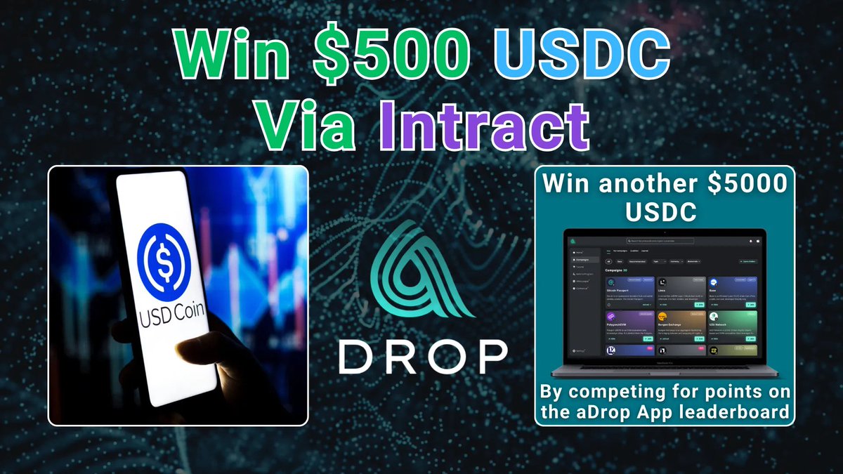 aDrop_ai's tweet photo. 🚀 We're celebrating our launch with a $500 USDC giveaway on #Intract and more inside https://t.co/MdGvyXXFx6! 🎉

🔗 Start here: https://t.co/5FYPmYmeno

1️⃣ Complete the #aDrop quest to mint a free month membership ($24 value)!
2️⃣ Share to earn XP on @IntractCampaign for a chance to win big.
3️⃣ Compete in-app for a $15,000 leaderboard giveaway!

Earn. Compete. Win! 💎

#AirdropFarming #CryptoRewards #Web3 #Giveaway #BlockchainOpportunities #CryptoCommunity #aDropLive #Airdrops