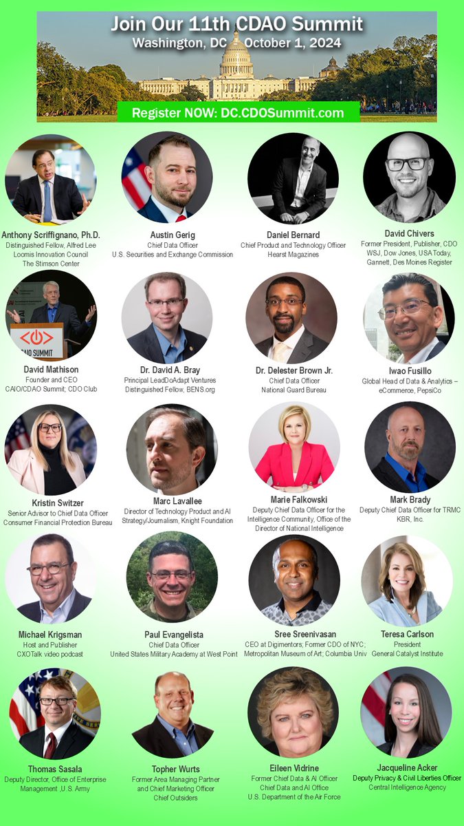 🌟Welcome new speakers from the Central Intelligence Agency, SAP, U.S. Department of Homeland Security, United States Department of Defense to the CDAO/CAIO Summits, Tue-Wed Oct 1-2:

☆ Jacqueline Acker: Deputy Privacy and Civil Liberties Officer at the Central Intelligence