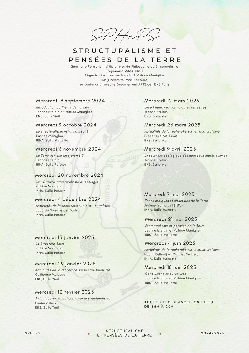 Intéressé.e par le structuralisme et/ou l’ontologie du terrestre ? Le nouveau programme de l’année du SPHePS est désormais en ligne. Première séance mercredi 18 septembre 18h à l’ENS-Ulm. har.parisnanterre.fr/evenements/sem…