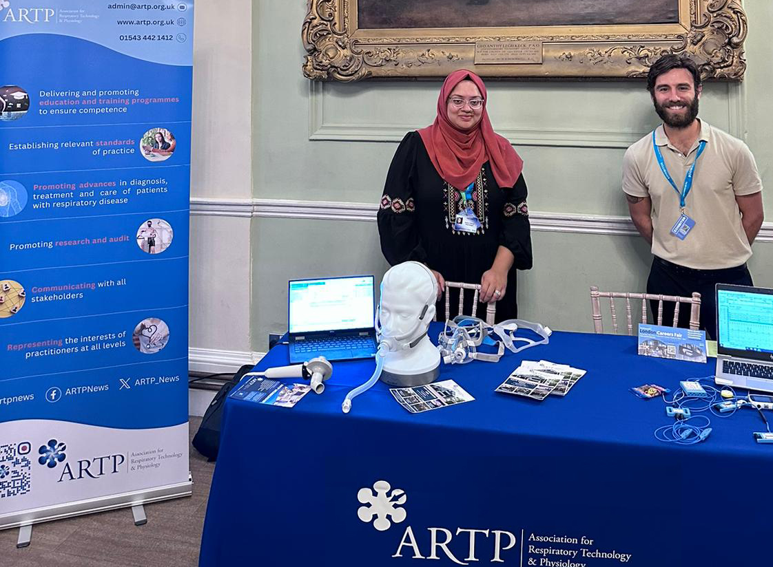 Thank you to our Workforce Members Asia Awal &amp; Joe Madge for attending the Careers Fair in Leicester today. A special thanks to @Vyaire_medical who supplied equipment for the delegates to test too! #ARTP_News #respiratory #physiology