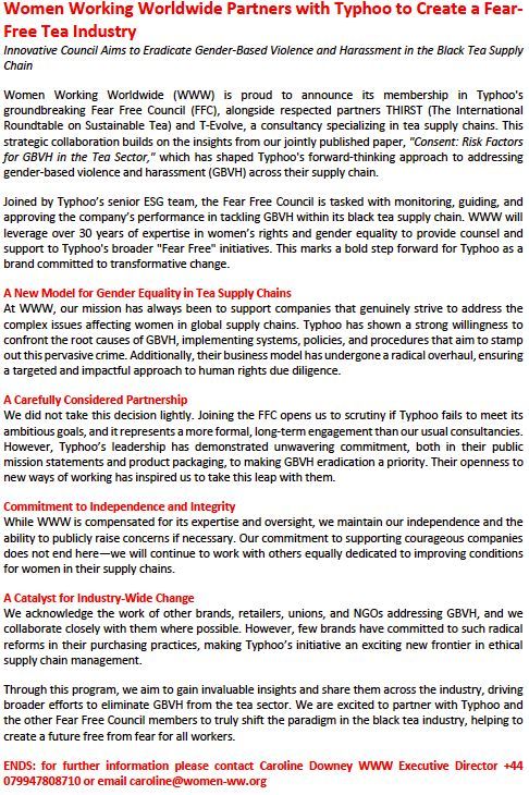 Women Working Worldwide is proud to announce its membership in Typhoo's groundbreaking Fear Free Council. We'll be working with partner organisations to monitor, guide, &amp; approve Typhoo's performance in tackling gender-based violence  harassment within its black tea supply chain