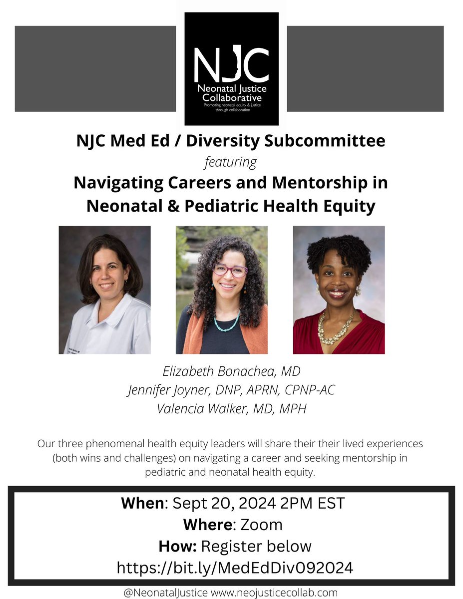 Do Not Miss! Join the Med Ed and Diversity subcommittee learn from 3 incredible leaders on "Navigating #Careers and Mentorship in Neonatal and Pediatric #HealthEquity" Fri 09/20 2PM EST - Register bit.ly/MedEdDiv092024