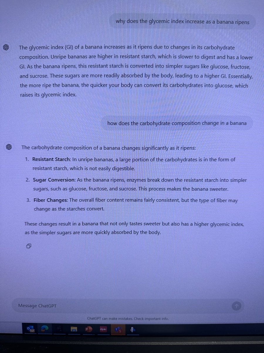 kylalaraMD's tweet image. A friend asked if I wanted something downstairs- I asked for a greenish 🍌 bec they taste better &amp;amp; the #glycemicindex is ⬇️ vs a ripened 🍌.  Now I’m debating w @GalTsaban in the echo lab about why &amp;amp; he finally believed me after asking #chatgpt. Who also prefers a greenish 🍌?