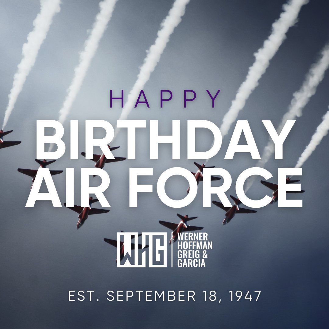 whglaw's tweet photo. Happy Birthday to the U.S. Airforce! 

Today, we celebrate the 77th birthday of the U.S. Air Force and honor the brave men and women who have dedicated their lives to protecting our skies. ✈️ #Thankavet #Airforce #Veteran #VAbenefits #WHGLaw https://t.co/V1sjWD6Bzn