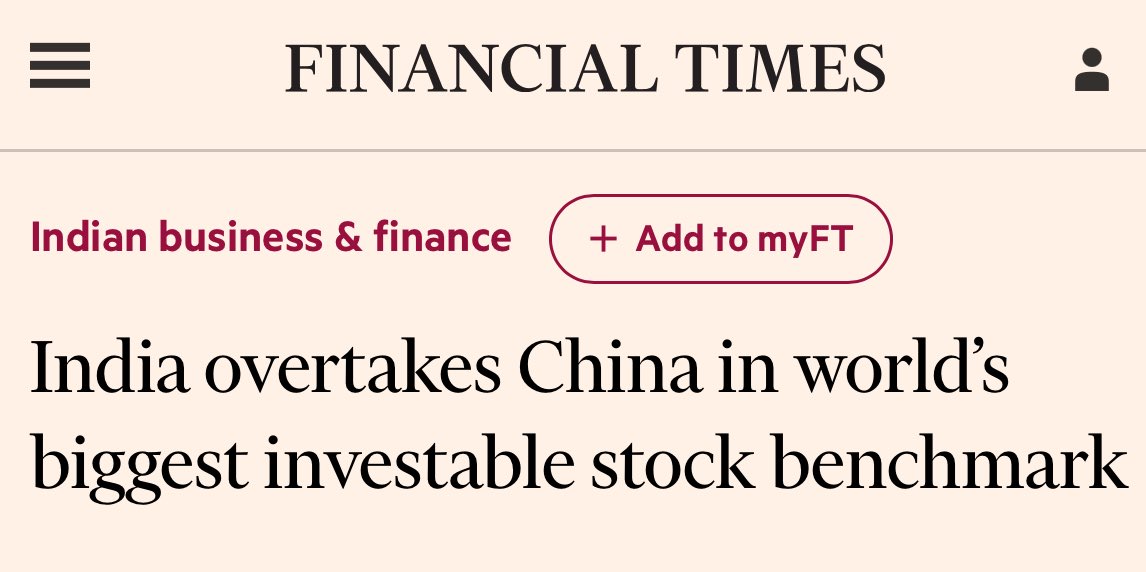 (FT) - India has overtaken China’s weighting in one of the world’s biggest stock market benchmarks, as share sales and rising liquidity in Indian companies make the country more open to investors.

<a href="/FT/">Financial Times</a> <a href="/knowledge_vital/">Vital Knowledge Media</a> 
ft.com/content/72864f…