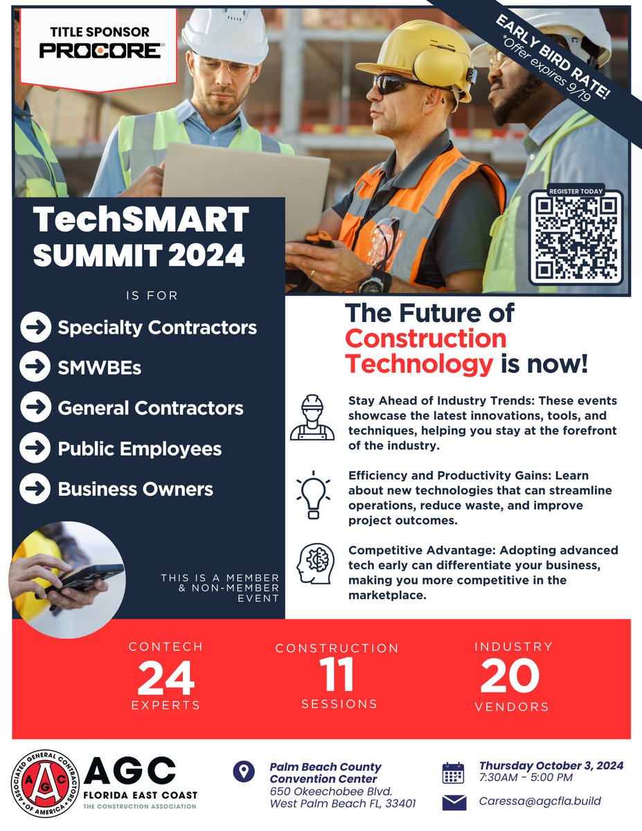 Early Bird Pricing Ends Tomorrow, September 19th!

Join <a href="/AGC_FEC/">AGC - Florida East Coast Chapter</a> &amp; industry experts on Thursday, 10/3 at the Construction TechSMART Summit. Featuring cutting-edge Construction Technology.

More Info &amp; Registration: lnkd.in/eGPVV6vG

#AGCFECTechSMART #AGC #AGCFECStrong