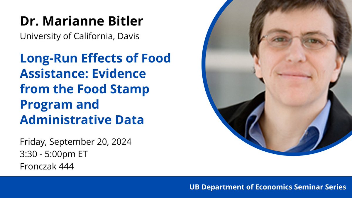 Join us for our seminar series this Friday (Sept 20), during which Prof. Marianne Bitler (<a href="/UCDavisEcon/">UC Davis Economics</a>) will discuss how food security early in life via access to food stamps affects earnings in adulthood!

More info: arts-sciences.buffalo.edu/economics/news…

#UBuffalo <a href="/UBCAS/">Arts and Sciences | University at Buffalo</a>