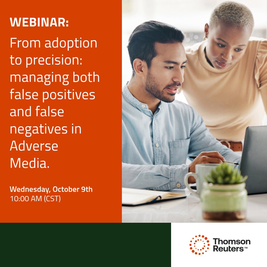 TRRiskAndFraud's tweet image. Gain insights from Thomson Reuters and WorkFusion experts in our upcoming webinar on October 09, 2024, at 10am CST to effectively manage false positives and negatives. Register now! ow.ly/uHOL50ToqgP  #AdverseMedia #DueDiligence #RiskMitigation #FinancialCompliance