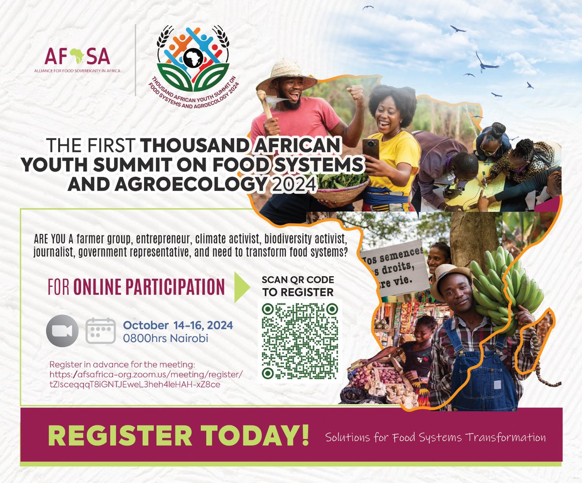 Join the 1000 African Youth Summit!
Register Now for Virtual Participation!

We are excited to announce that registration for virtual participation in the 1000 African Youth Summit on Food Systems and Agroecology is now open! 
 
This is your chance to join one of the largest