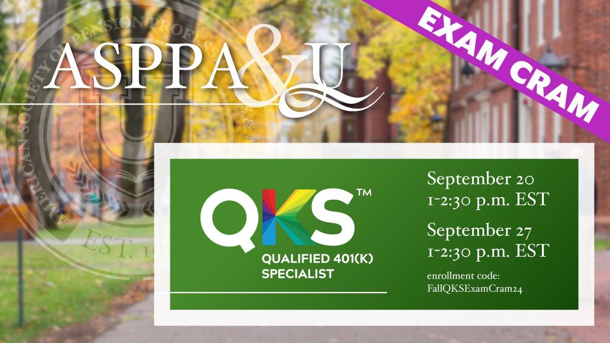ASPPA's tweet image. Achieve new career milestones with the QKS™ package! 

This package is designed to refine your #401k sales and client #relationshipmanagement skills while helping you earn your QKS™ credential.

Purchase and enroll in the Exam Cram at no additional cost: asppaqks.org