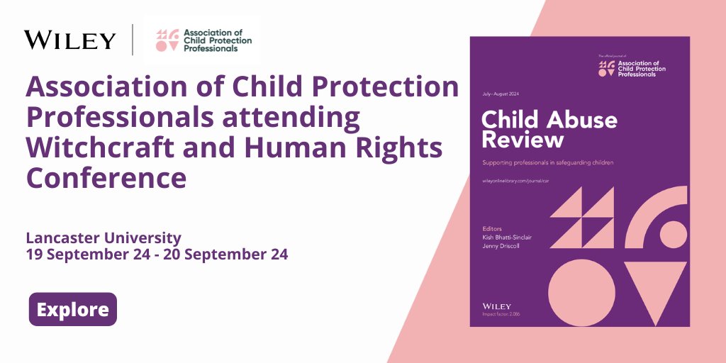 Wiley Psychology (@wileypsychology) on Twitter photo 🌟 Exciting news! The Association of Child Protection Professionals will be attending the Witchcraft and Human Rights Conference in Lancaster, UK, later this week.
Visit them to chat about their upcoming special issue!
ow.ly/VBte50Tp4Gc
#ChildProtection <a href="/Child_Abuse_Rev/">Child Abuse Review</a> 🌟 Exciting news! The Association of Child Protection Professionals will be attending the Witchcraft and Human Rights Conference in Lancaster, UK, later this week.
Visit them to chat about their upcoming special issue!
ow.ly/VBte50Tp4Gc
#ChildProtection <a href="/Child_Abuse_Rev/">Child Abuse Review</a>