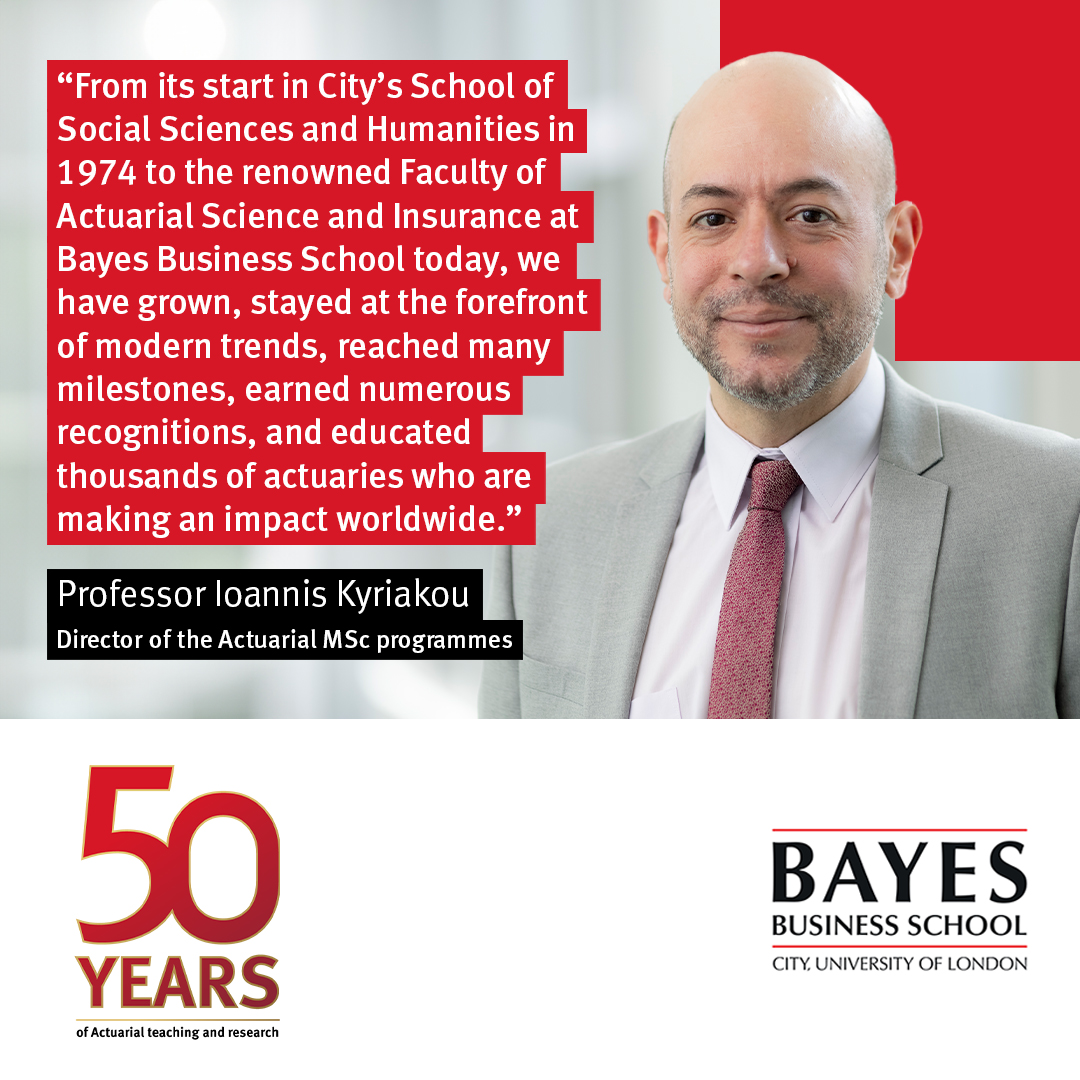 BayesBSchool's tweet image. Marking 50 years of actuarial excellence at Bayes! 🎉

For five decades, Bayes Business School has been at the forefront of actuarial science, educating thousands of actuaries who are making a global impact. 🌍

#ActuarialScience #BusinessEducation #FutureLeaders