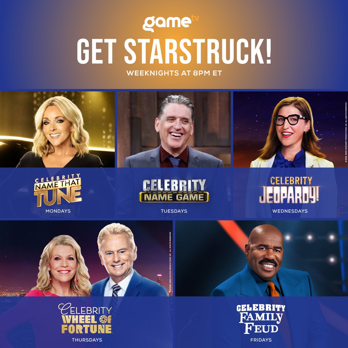 Get ready to be STARSTRUCK! Tune in weeknights at 8pm on GAMETV for the ultimate celebrity game show lineup! Don't miss out on the fun and excitement. It's time to play!