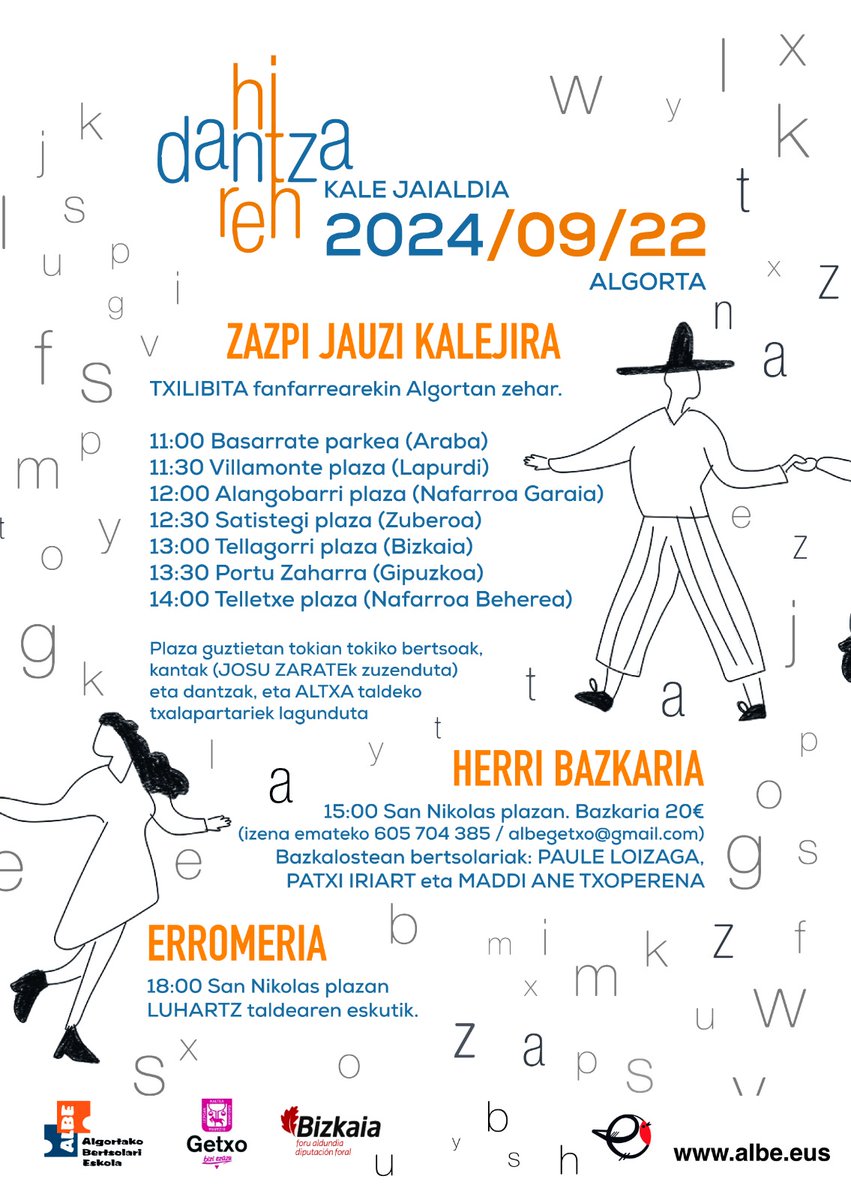 Igandean da #hitzarendantza!
11:00🎶Kalejira Algortan zehar. Paule Loizaga, Patxi Iriart eta Maddi Ane Txoperena​ bertsotan.
15:00🍽️bertso bazkaria. Izen ematea: 605704385 / albegetxo@gmail.com 
18:00🎤Erromeria 
labur.eus/hitzarendantza…
#bertsolaritza <a href="/BBertsozale/">Bizkaiko Bertsozale</a> <a href="/HirukaEus/">Hiruka</a>