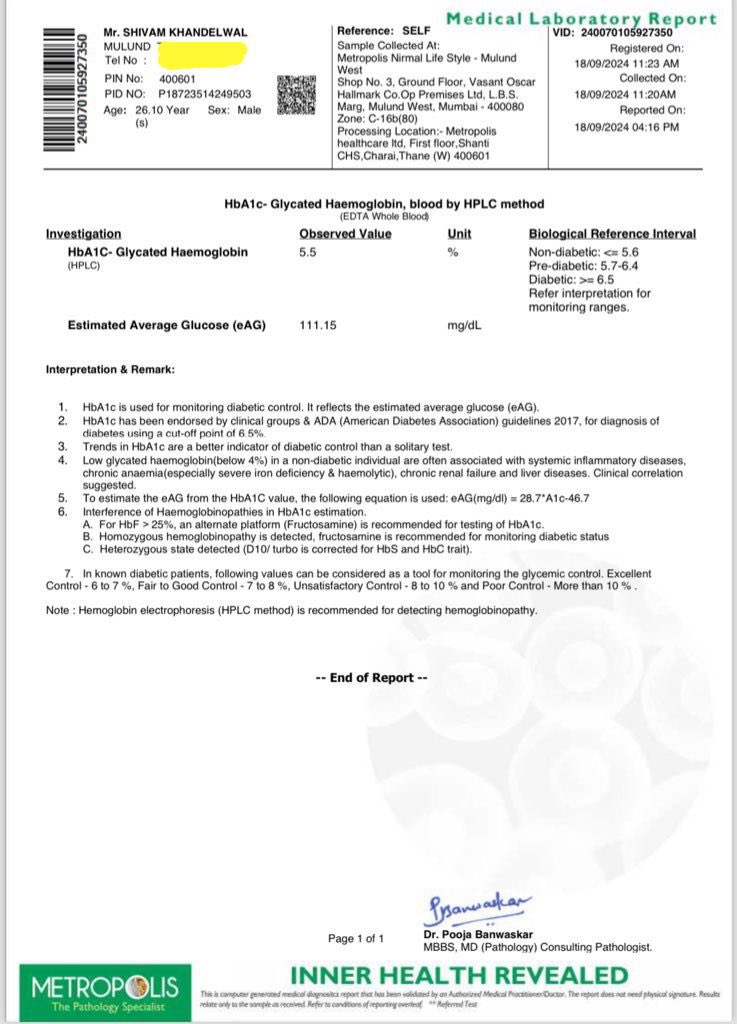 s_r_khandelwal's tweet photo. It was a traumatic day for me & my family. 

Had applied for Icici Pru term insurance through @policybazaar and got detected with high diabetes (8.65 Hba1c) in today's report which was organised by @ICICIPruLife via W Health Connect Diagnostic & Polyclinic. 

To reconfirm it I did another test today @MetropolisLab  and my report was normal. Where is the gap? Who is responsible for the kind of trauma my family went to? Attaching both screenshot for reference! @MoHFW_INDIA @baxirahul