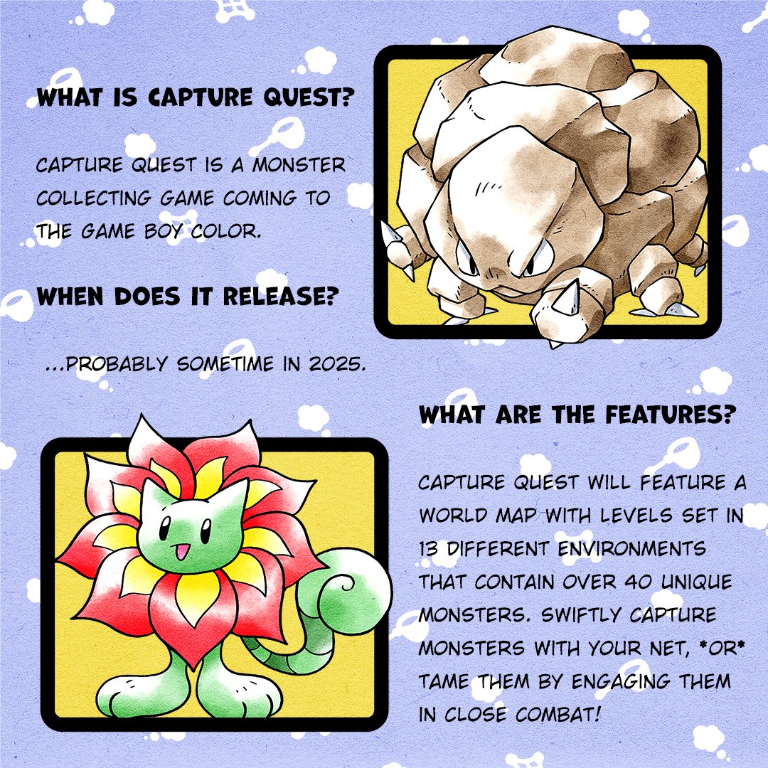 kyleculpart's tweet image. Development of Capture Quest is going great, and I'd like to announce that CQ will be playable on the Game Boy Color! We've spent a lot of time refining mechanics and gameplay and structure so it should be smooth sailing from here on.

Devs: @juicegoblin @tohomoko @hornests1