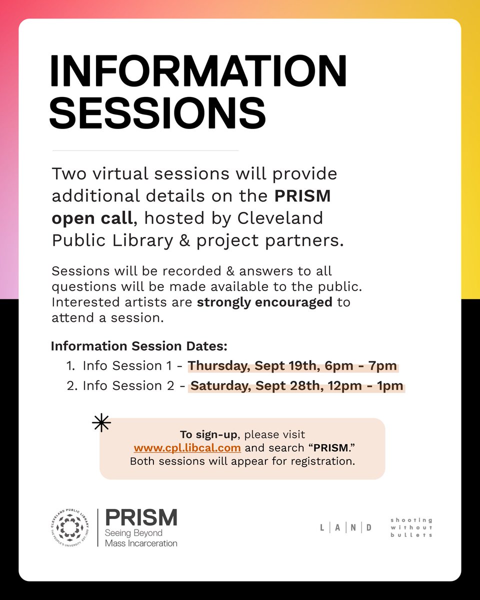 cleveLANDstudio (@clevelandstudio) on Twitter photo 📣 CALL FOR ARTISTS REMINDER - <a href="/Cleveland_PL/">Cleveland Public Library</a> will be hosting two information sessions Sept 19th and Sept 28th.
- Sign up here for Info Session 1: cpl.libcal.com/event/13098950
Interested artists are strongly encouraged to attend. 📣 CALL FOR ARTISTS REMINDER - <a href="/Cleveland_PL/">Cleveland Public Library</a> will be hosting two information sessions Sept 19th and Sept 28th.
- Sign up here for Info Session 1: cpl.libcal.com/event/13098950
Interested artists are strongly encouraged to attend.