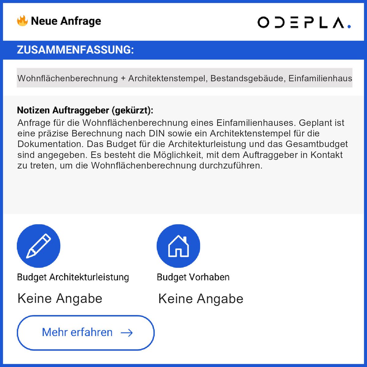 🏡 Wohnflächenberechnung für ein Einfamilienhaus:

ℹ Geplant:
- Wohnflächenberechnung nach DIN
- Architektenstempel

➡ Kontaktiere den Auftraggeber:  
app.odepla.de/register

Nutze jetzt die Chance!