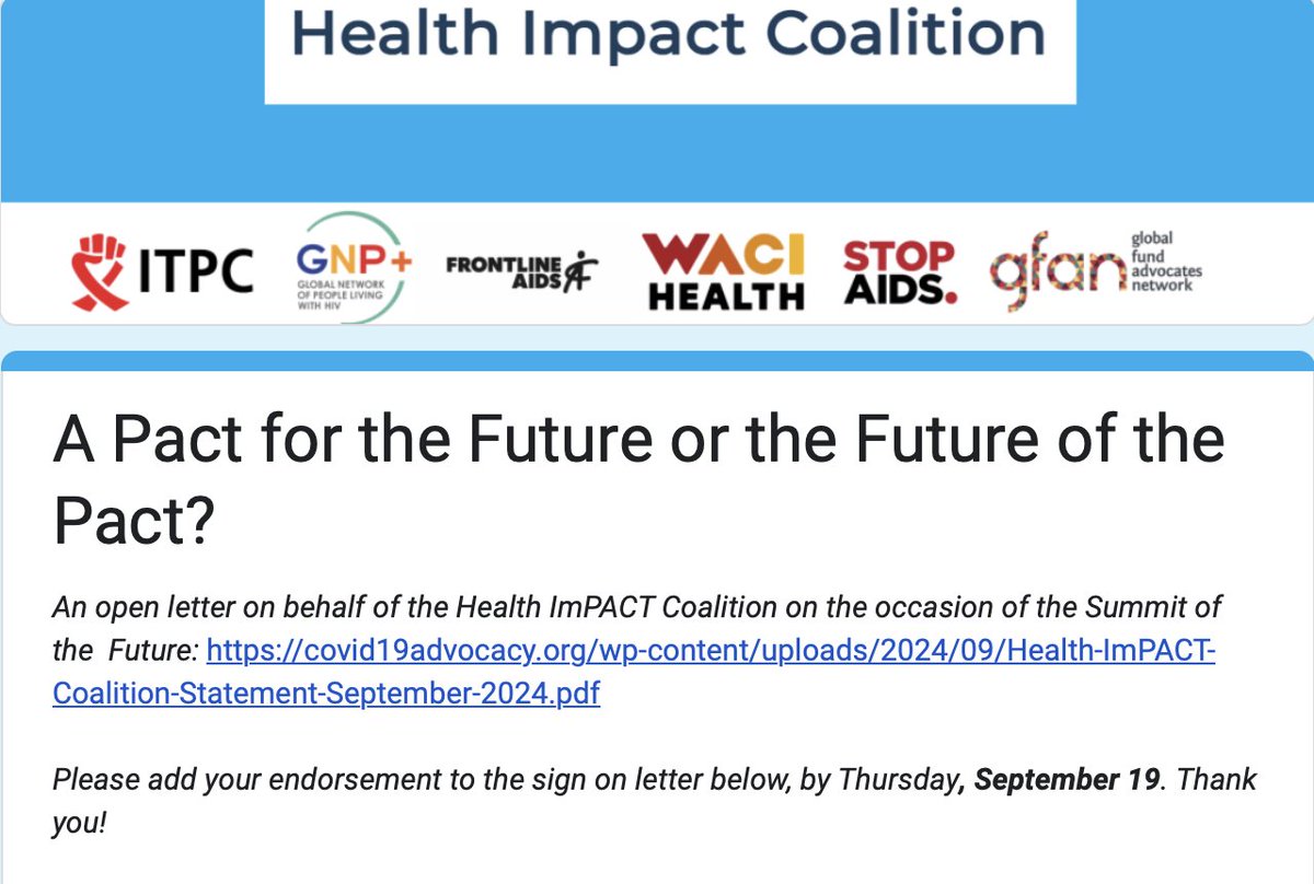 It is time to take #action! Please add your signature, the due date is tomorrow!
Sign Here: forms.gle/Kx4HZEHodkmPYC…

Deadline: Thursday, September 19
<a href="/ITPCglobal/">ITPC Global</a> <a href="/frontlineaids/">Frontline AIDS</a> <a href="/WACIHealth/">WACI Health</a> <a href="/GFadvocates/">GlobalFundAdvocates</a> 

#CommunitiesFirst
#LeadWithCommunities