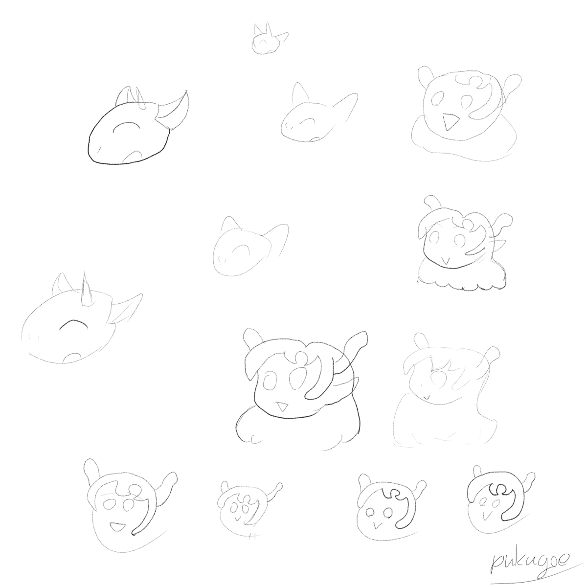 本日の30分集中描き
なんかこうサイン横に描くかんたんキャラみたいなのってあるよね・・・と思いながら描いていた自画像ゴンやヒスイちゃんの簡略化検討 