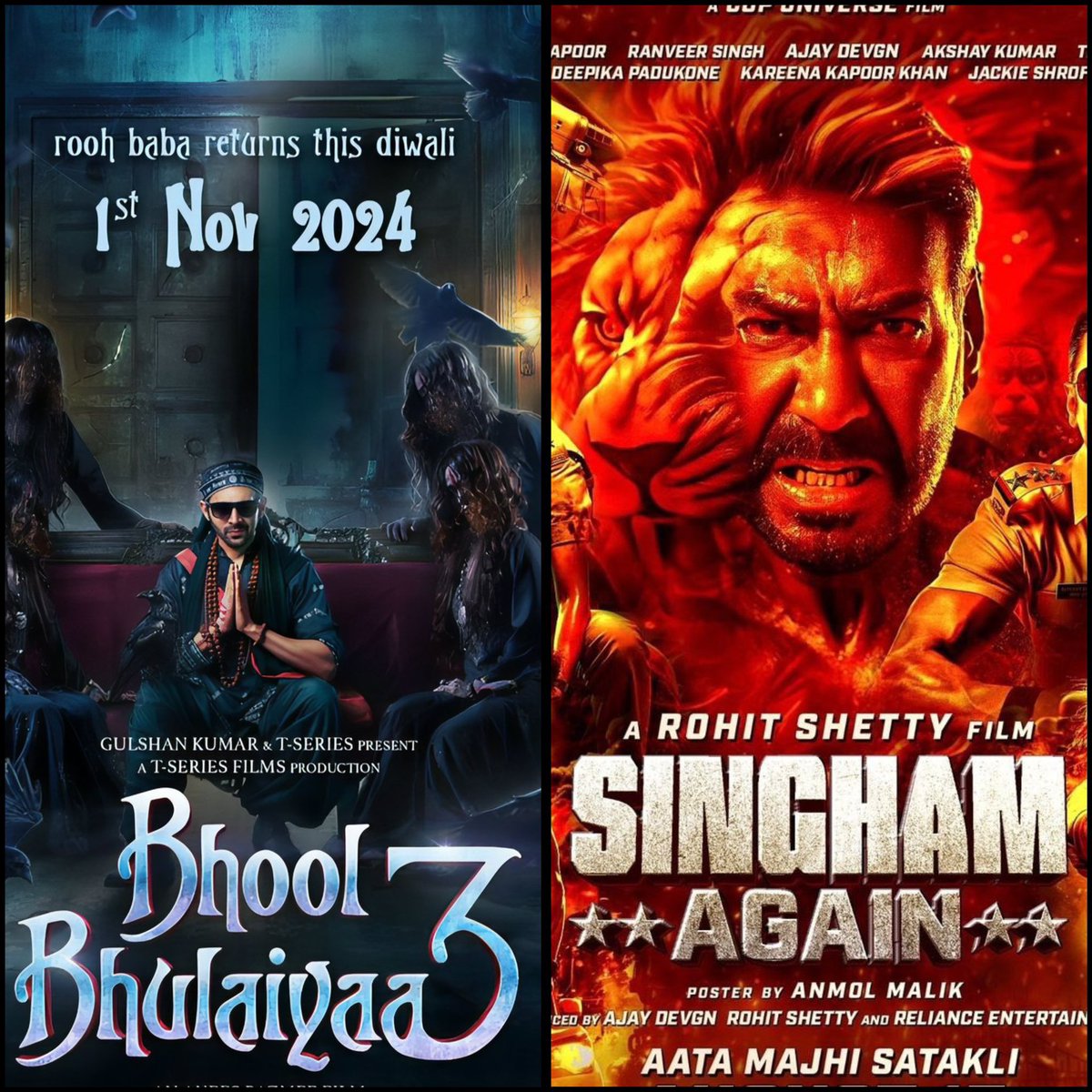 subham23skr's tweet photo. So the CLASH IS CONFIRMED 🔥🔥🔥

Your First choice this DIWALI? 

#BhoolBhulaiyaa3 OR #SinghamAgain https://t.co/HjfZ26uRGZ