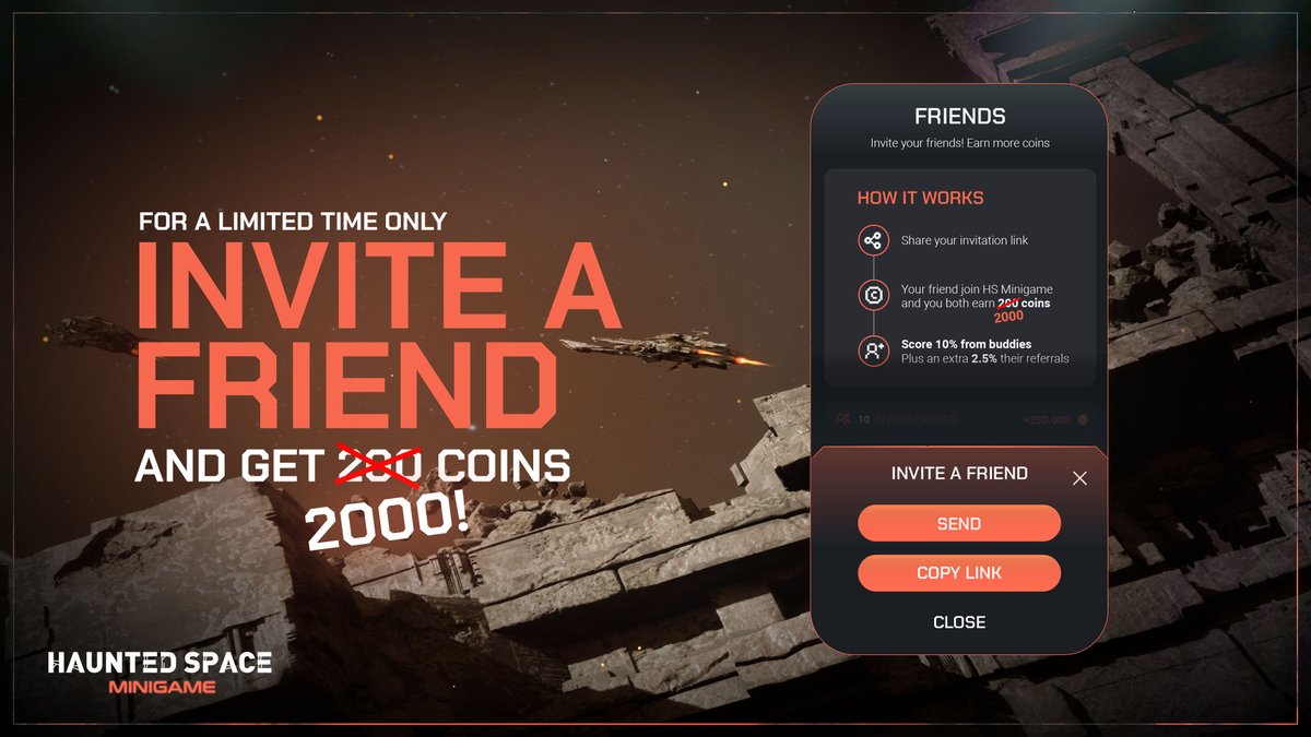 💰 NEW INVITE BOOST ACTIVATED 💰

A cargo battleship full of resources landed on HS minigame bringing a 10x on invite rewards!
Starting from now for an unpredicted time span you will get 2k coins for each invite instead od the standard 200 coins!

PLAY NOW: