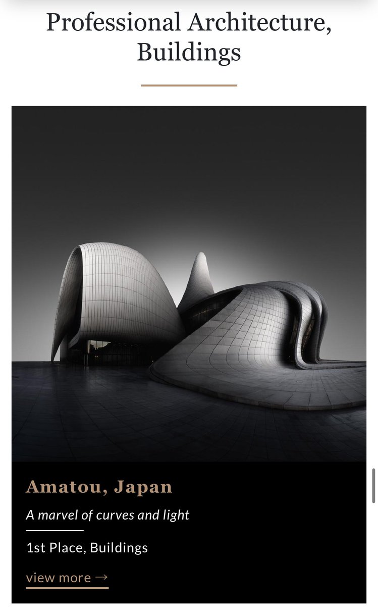 amatou_0429's tweet image. 【ご報告】
世界最大級のフォトコンテストであるInternational Photography Awards 2024 プロフェショナル部門Architecture/Buildingsにて1st Placeを受賞しました🥇
感無量です。