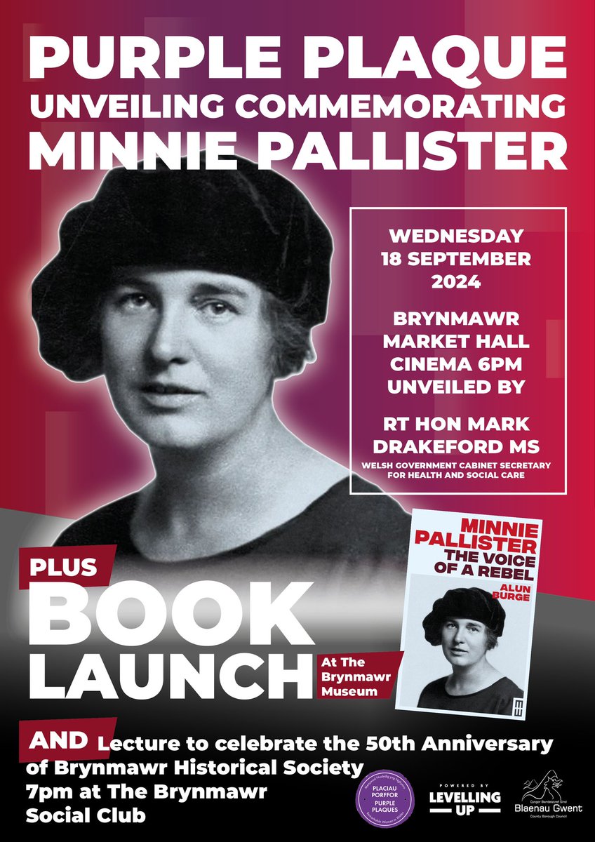 Our 18th Purple Plaque is unveiled today to celebrate the 'fearless rebel' and Women's Lib forerunner Minnie Pallister in Brynmawr, Blaenau Gwent.

Minnie's story inspired former First Minister <a href="/MarkDrakeford/">Mark Drakeford 🏴󠁧󠁢󠁷󠁬󠁳󠁿</a> to nominate her for a plaque &amp; author Alun Burge to write her biography