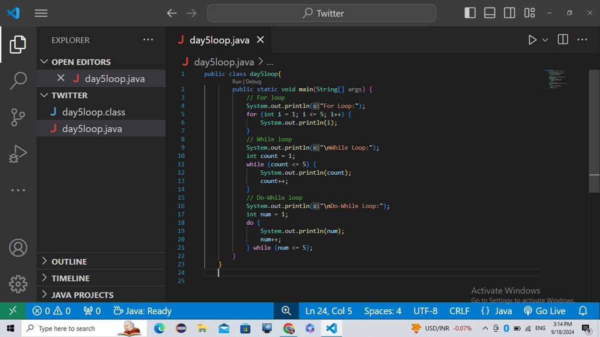 DAY 5:
Today, I explored loops—`for`, `while`, and `do-while`. Loops make it easy to repeat tasks without rewriting code.
#Java #LearnInPublic