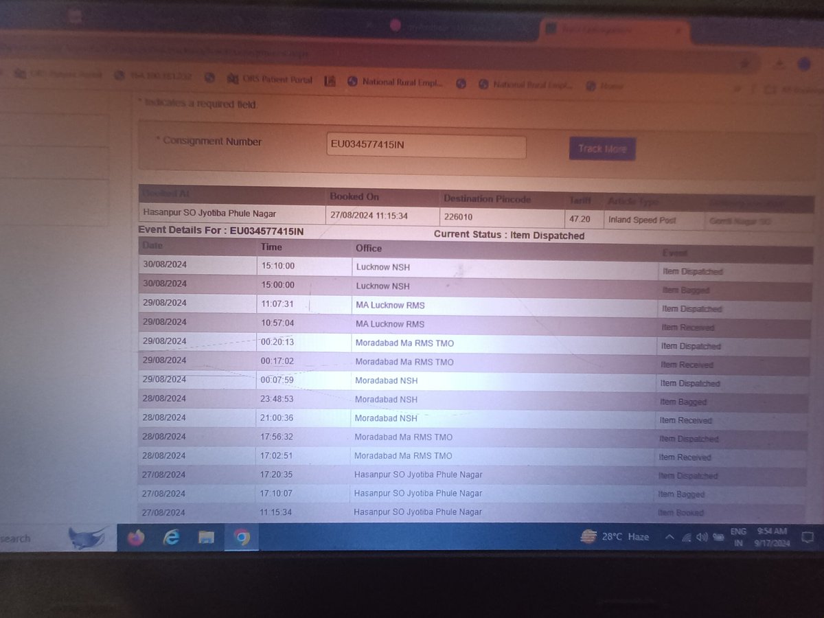 Sir mene ik India post se ak artical baja tha jo abhi tak Rajya suchna ayog. Rti bhawan  Lucknow nahi pucha he jise track karne pr Lucknow Nsh me hi dikha raha he 30/08/2024 se jiska track number  EU034577405IN