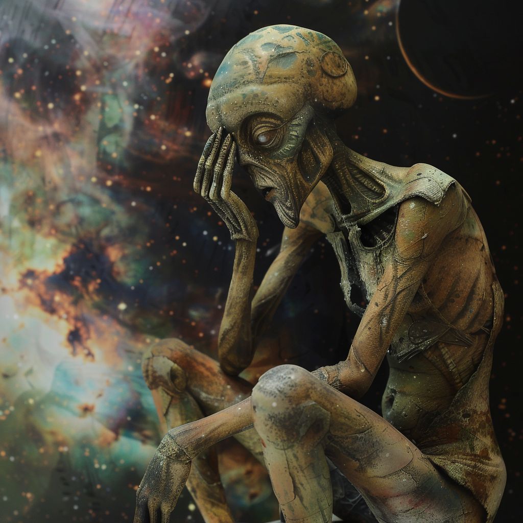 HumanAIArt's tweet photo. "Universal Pondering", Pondering the essence of life in a dreamlike universe. What truths are revealed? #AlienLife #SurrealUniverse #CosmicTruths #DeepContemplation https://t.co/EwdcwsNOTm