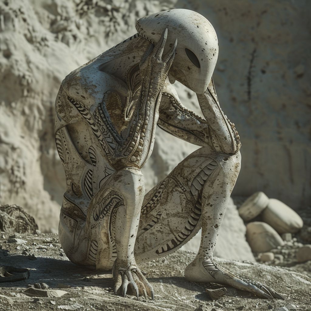HumanAIArt's tweet photo. "Universal Pondering", Pondering the essence of life in a dreamlike universe. What truths are revealed? #AlienLife #SurrealUniverse #CosmicTruths #DeepContemplation https://t.co/EwdcwsNOTm