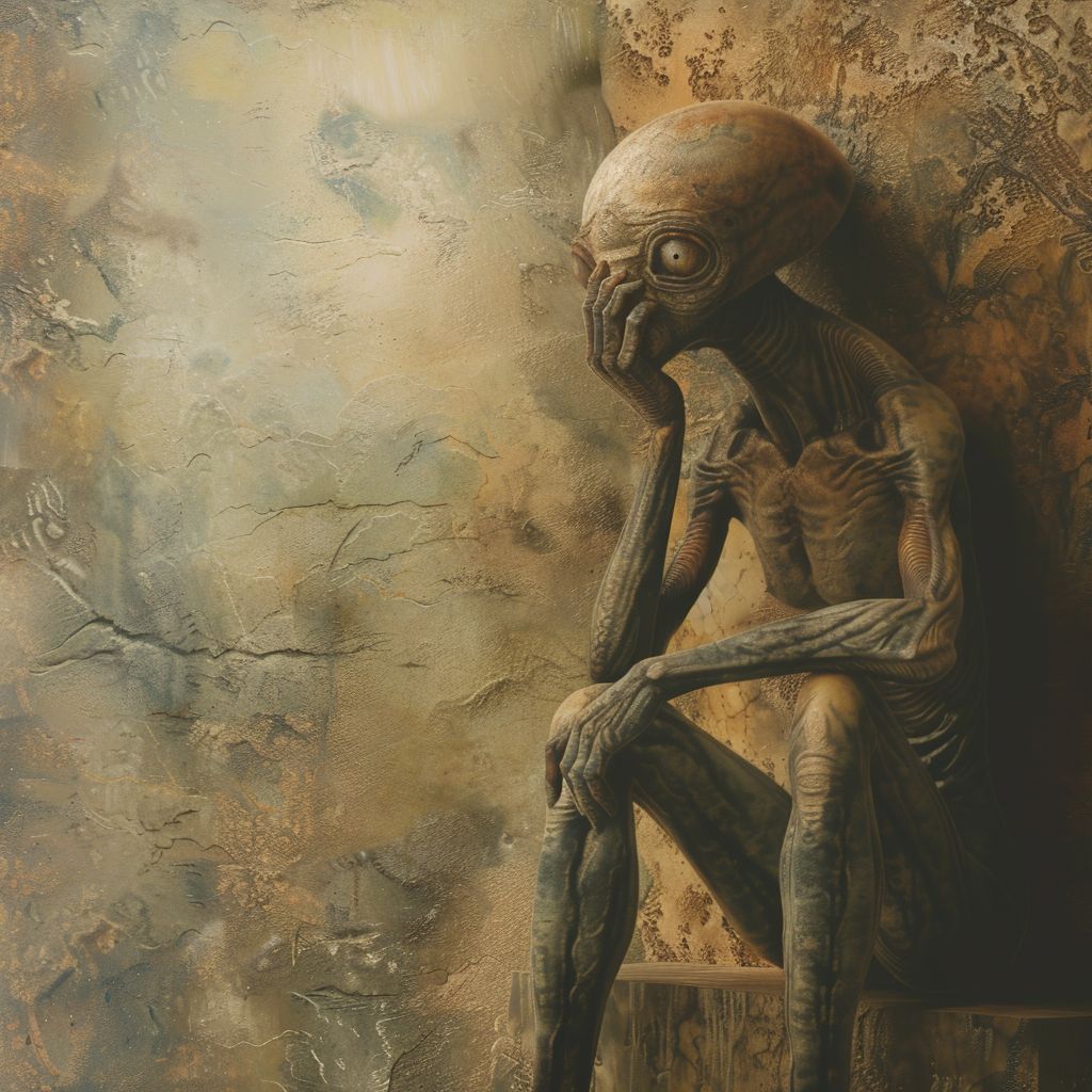 HumanAIArt's tweet photo. "Universal Pondering", Pondering the essence of life in a dreamlike universe. What truths are revealed? #AlienLife #SurrealUniverse #CosmicTruths #DeepContemplation https://t.co/EwdcwsNOTm
