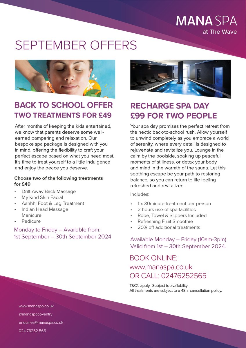 Looking for a mid-week pick me up, check out our September offer's! 🥰

Our Recharge Spa Day will put the pep back in your step! 🌟PLUS! Our Back To School Offer includes TWO treatments for just £49! 🧖‍♀️ 

Book now! ➡️ manaspa.co.uk