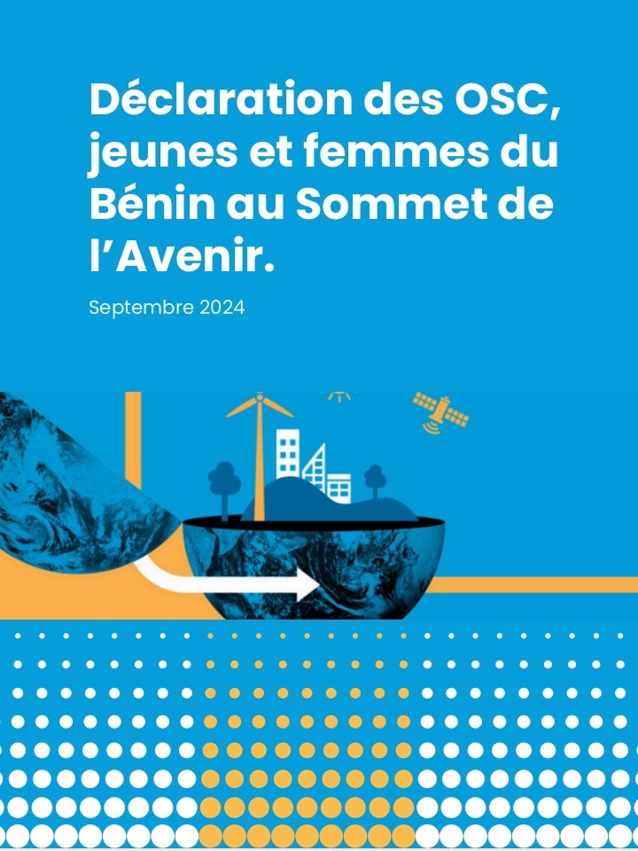 En moins de quatre jours, nous serons au #SummitoftheFuture au siège des <a href="/ONU_fr/">Nations Unies (ONU)</a> à New-York.
Rejoignez-nous demain pour la validation de la Déclaration des OSC, jeunes et femmes du #Bénin au #SotF ici : meet.google.com/umw-sgyp-jhs

#futureforfuture 
#NPUBenin
<a href="/UNESCO/">UNESCO 🏛️ #Education #Sciences #Culture 🇺🇳</a> <a href="/OIFrancophonie/">La Francophonie</a>