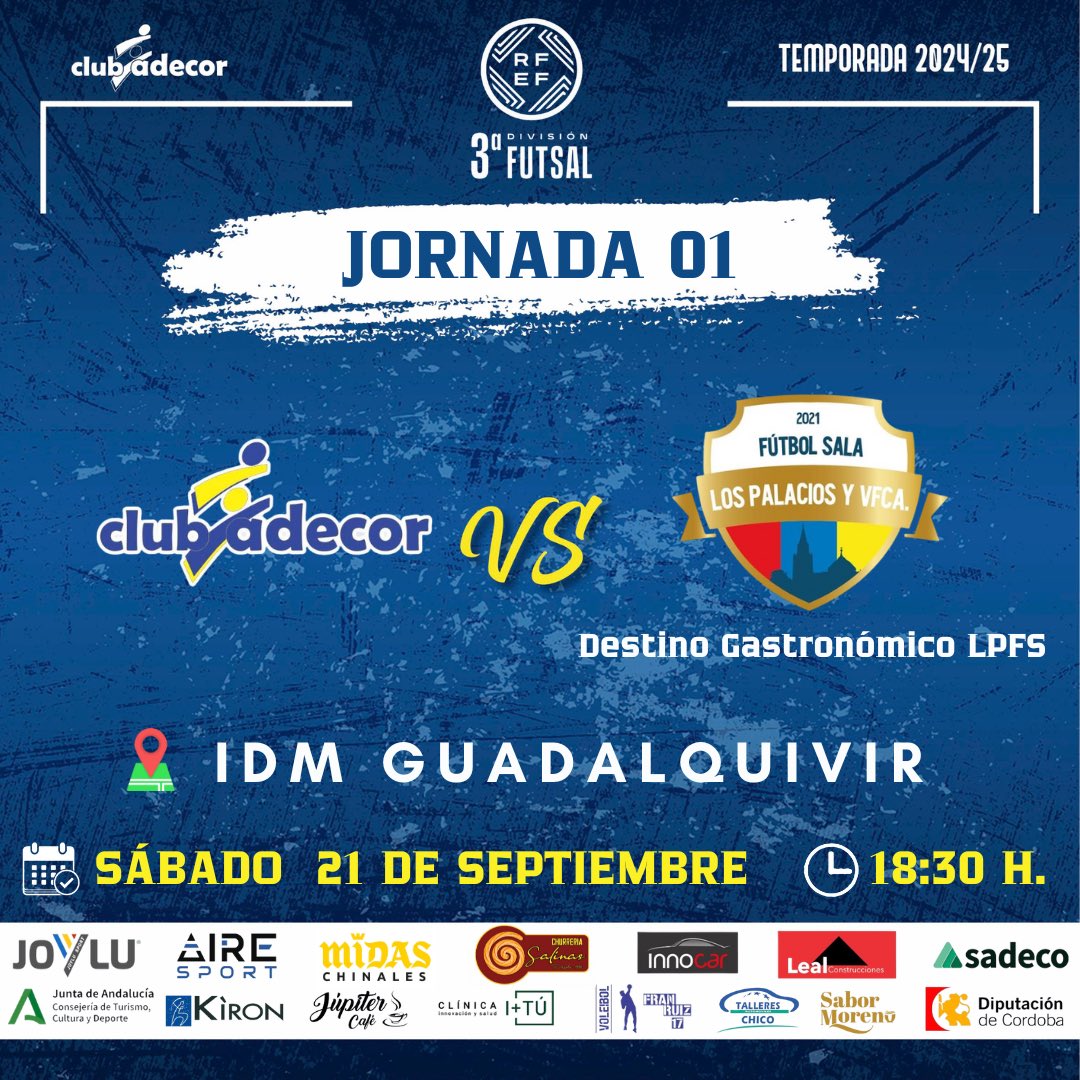 𝐒𝐄𝐍𝐈𝐎𝐑 - 𝟑ª 𝐃𝐈𝐕𝐈𝐒𝐈𝐎́𝐍 

Comienza la temporada para nuestro Senior 🥳

📅 Sábado 21 de Septiembre 
⏰ 18:30h
🏟️ IDM Guadalquivir
🆚 Destino Gastronómico Los Palacios y Vfca. FS

¡VAMOS!
💪🏼💙
