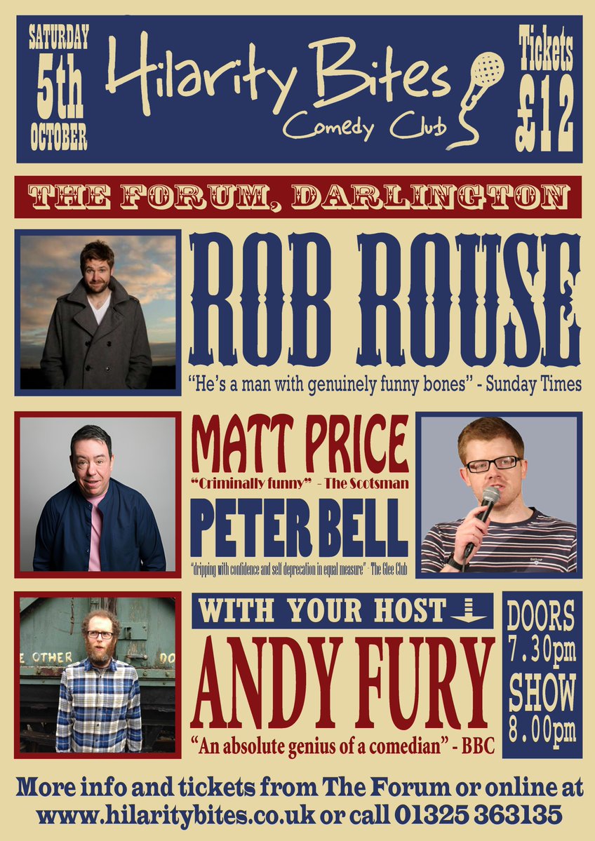 HilarityBites's tweet photo. 😆 We're heading back to The Forum Music Centre in Darlington on Saturday 5th October for our monthly dose of stand-up comedy

🎤 @robrouse
🎤 @mattpricecomic
🎤 Peter Bell
🎤 @andyfury

🎟️ Tickets for this show are £12 each

ℹ️ https://t.co/josVXENMcr https://t.co/am7ZjhiDSQ