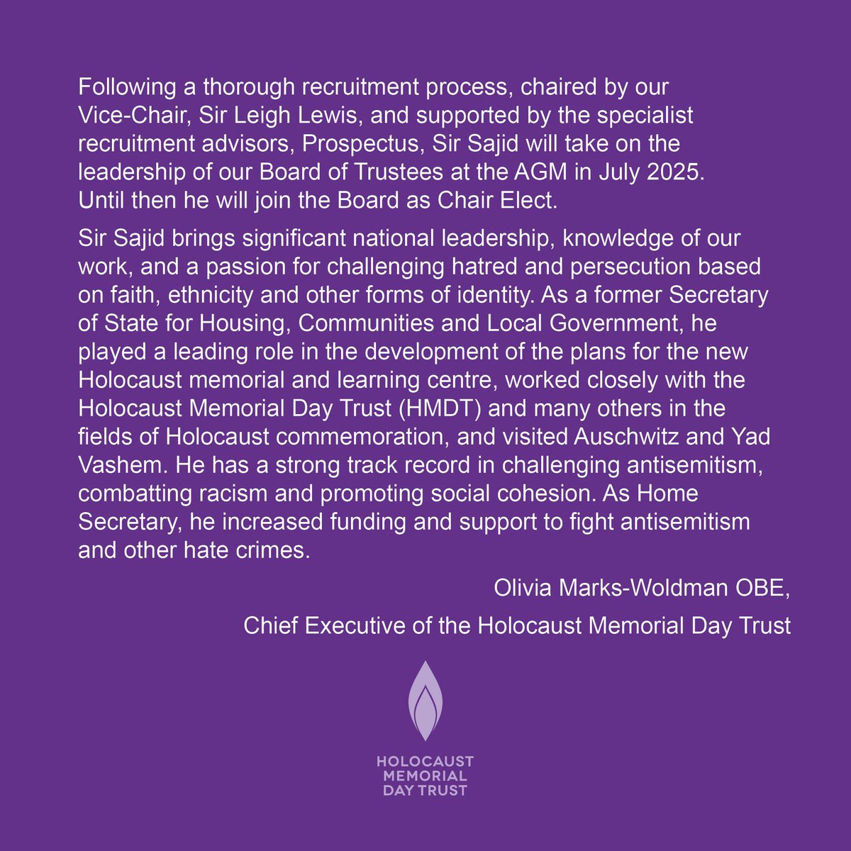 Holocaust Memorial Day Trust (@hmd_uk) on Twitter photo We are delighted to announce the appointment of <a href="/sajidjavid/">Sajid Javid</a> as our next Chair.
Here is a statement from our Chief Executive <a href="/OliviaRMW/">Olivia Marks-Woldman</a>.
Read the full statement and reflections from Sir Sajid, Olivia and our current Chair, Laura, here: hmd.org.uk/news/hmdt-appo… We are delighted to announce the appointment of <a href="/sajidjavid/">Sajid Javid</a> as our next Chair.
Here is a statement from our Chief Executive <a href="/OliviaRMW/">Olivia Marks-Woldman</a>.
Read the full statement and reflections from Sir Sajid, Olivia and our current Chair, Laura, here: hmd.org.uk/news/hmdt-appo…