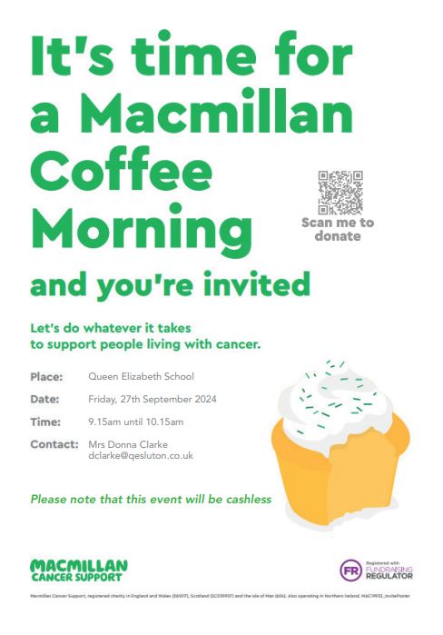 QESLuton's tweet photo. You are invited to our @macmillancancer coffee morning on Friday 27th, 9.15-10.15am!
Join us for some delicious treats and a warm coffee, all while helping to make a difference.
See the poster attached for details.
See you there!☕️#SupportForCancer #CommunityStrong #QESLife https://t.co/zWc3ydauaU