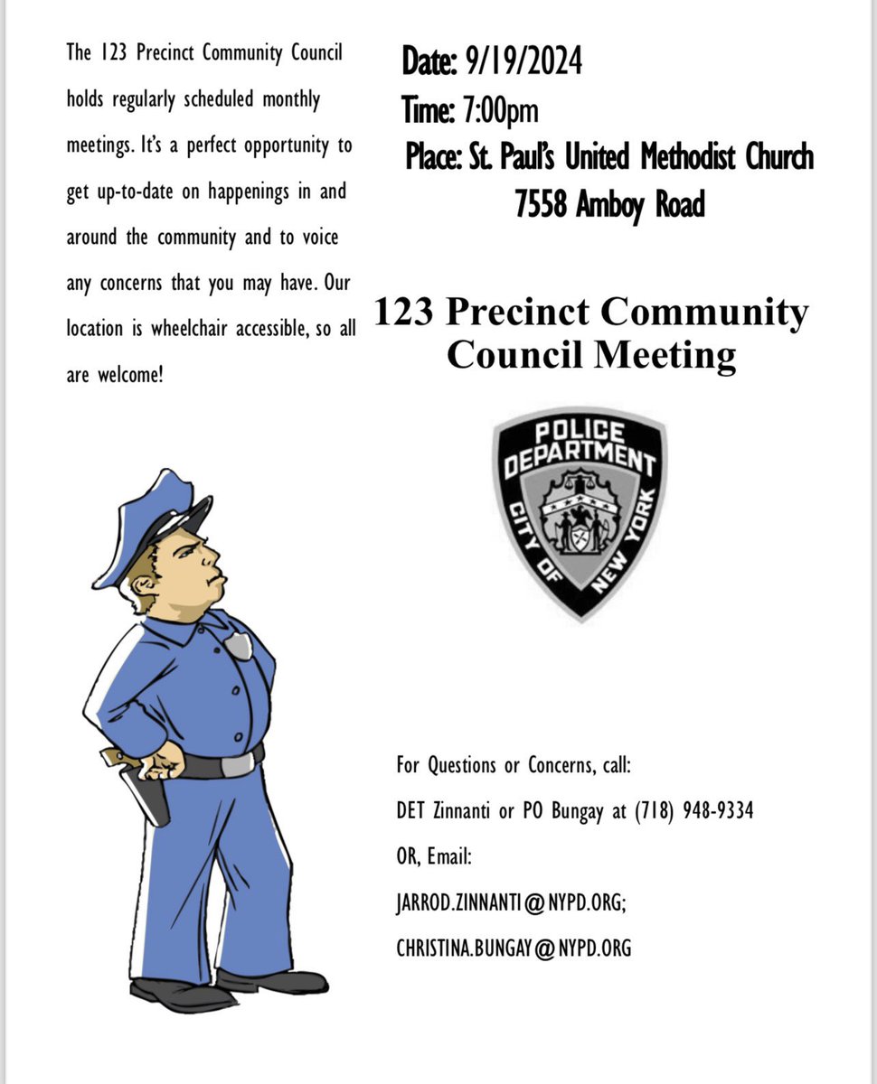 123Council's tweet photo. The next @NYPD123Pct Community Council Meeting will take place tomorrow evening, Thursday Sept. 19th, at 7:00PM at St. Paul’s Church. Hope to see you there! https://t.co/pypHnefAYm