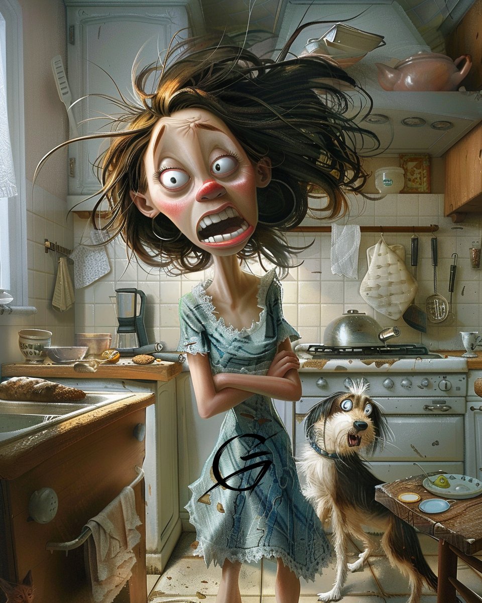 g_art_official's tweet photo. When your kitchen looks like a disaster zone and the dog’s just as horrified as you are. 🧁💥 Anyone else surviving the week by a thread? 😂 #funnypictures #caricatures #caricatureartist #WednesdayChaos #MidweekMadness #DogDrama #SurvivingNotThriving #KitchenDisaster https://t.co/rGaoMCD2Cn