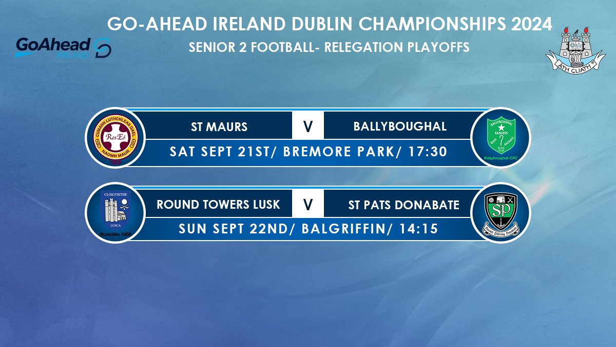 The Go-Ahead Ireland Senior 2 Football relegation playoffs take place this weekend, too 👇

Entry to the relegation playoffs is free of charge. 

#GoAheadDSC