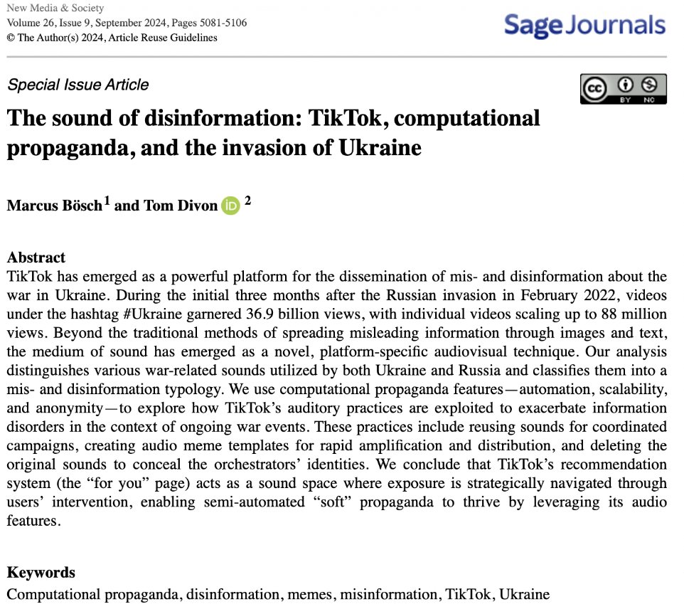 Tom Divon | توم ديفون | תום דיבון (@tomdivon) on Twitter photo 📢📢📢can viral sounds on TikTok boost disinformation? see our NEW PUB, where <a href="/m_boesch/">Marcus Bösch</a> & I explore how 🇷🇺 & 🇺🇦 propaganda is algorithmically curated, amplified, exploited & consumed via the platform's recommendation system using the sound feature; join🧵 journals.sagepub.com/doi/full/10.11… 📢📢📢can viral sounds on TikTok boost disinformation? see our NEW PUB, where <a href="/m_boesch/">Marcus Bösch</a> & I explore how 🇷🇺 & 🇺🇦 propaganda is algorithmically curated, amplified, exploited & consumed via the platform's recommendation system using the sound feature; join🧵 journals.sagepub.com/doi/full/10.11…