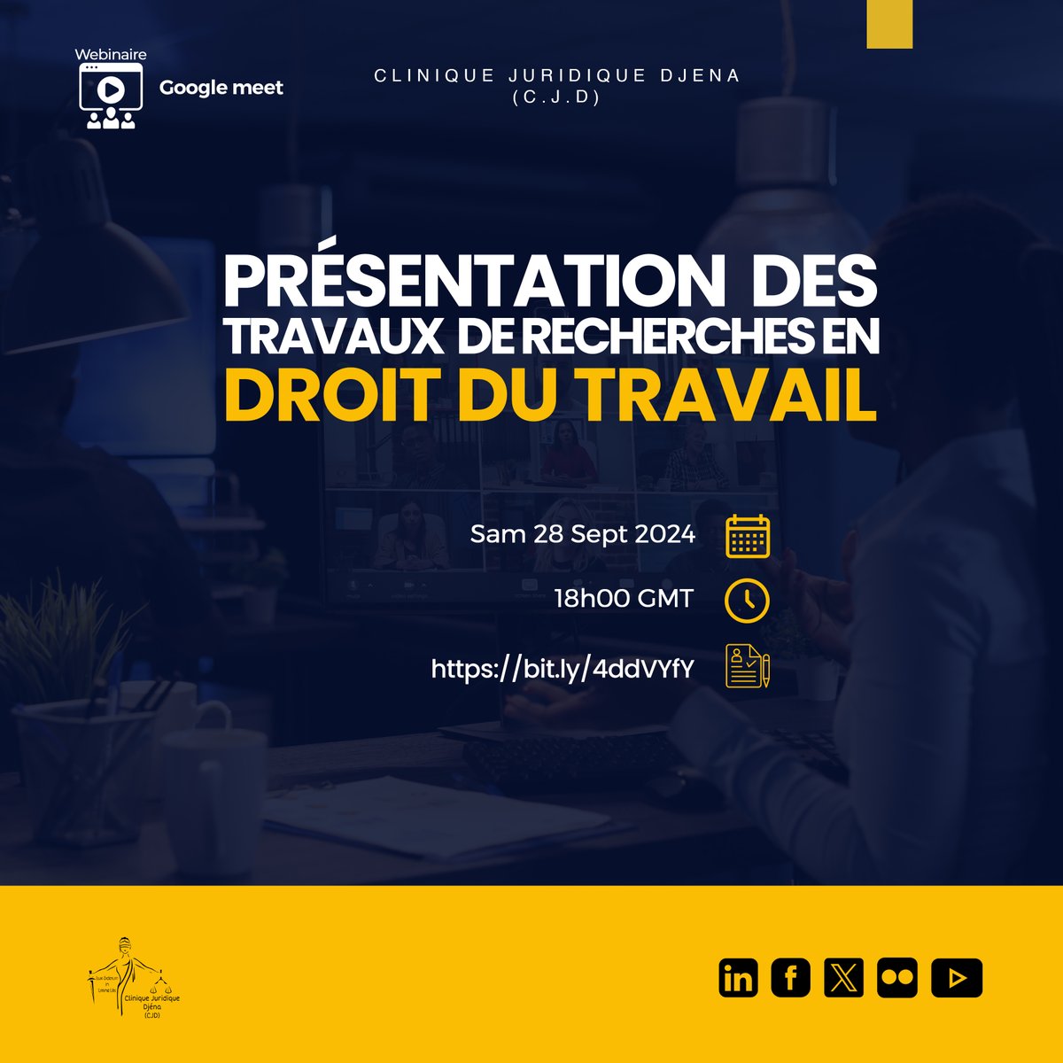 🔔𝐀𝐧𝐧𝐨𝐧𝐜𝐞 𝐖𝐞𝐛𝐢𝐧𝐚𝐢𝐫𝐞 📣

La Clinique juridique Djéna a le plaisir de vous inviter à son prochain webinaire dédié à la 𝗽𝗿𝗲́𝘀𝗲𝗻𝘁𝗮𝘁𝗶𝗼𝗻 𝗱𝗲𝘀 𝘁𝗿𝗮𝘃𝗮𝘂𝘅 𝗱𝗲 𝗿𝗲𝗰𝗵𝗲𝗿𝗰𝗵𝗲𝘀 𝗲𝗻 𝗱𝗿𝗼𝗶𝘁 𝗱𝘂 𝘁𝗿𝗮𝘃𝗮𝗶𝗹.