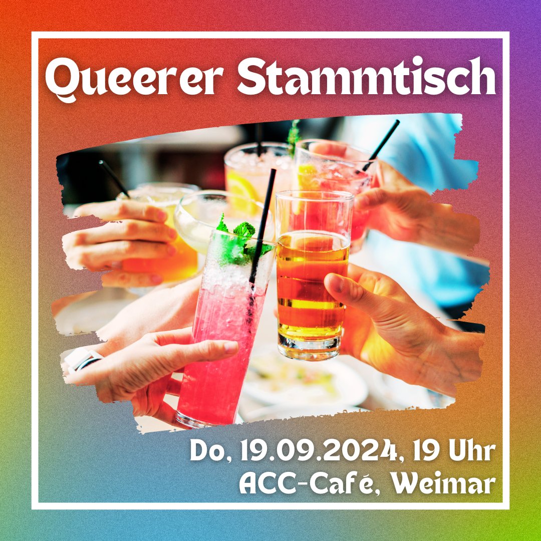 Hast Du Lust auf ein paar gemütliche Stunden mit anderen coolen Queers und Freund*innen? 🏳️‍🌈🏳️‍⚧️

🍹 Dann kommt zum Queeren Stammtisch Weimar!
➡ Donnerstag, 19.09.2024, 19:00 Uhr, ACC-Café (Burgplatz 1-2, Weimar) [1/6]

#CSDWeimar #CSDThüringen #QueerInWeimar #VielfaltInThüringen