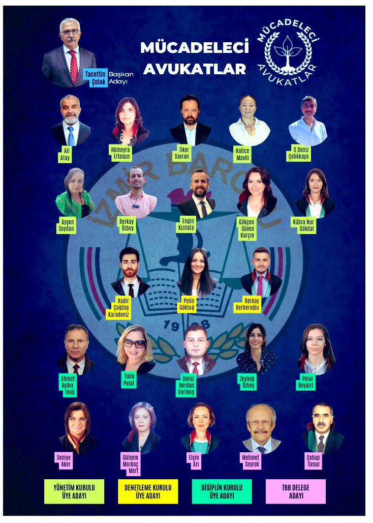 1- Avukattan çalınan işleri geri kazanmak için,
2- Hızlı bir CMK ödeme sistemi için,
3- Genç avukatların yönetimde söz sahibi olması için,
4- Hukuk sigortası için,
5- Staj döneminin yeniden şekillendirilmesi için mücadele edecek listemiz: