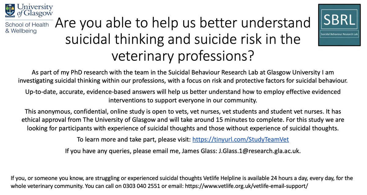 After 30 years in practice, I'm now in PhD research at Glasgow. Are you able to help us better understand suicidal thinking &amp; suicide risk in the veterinary professions? Vets, vet nurses, and students with and without experience of suicidal thinking.
tinyurl.com/StudyTeamVet