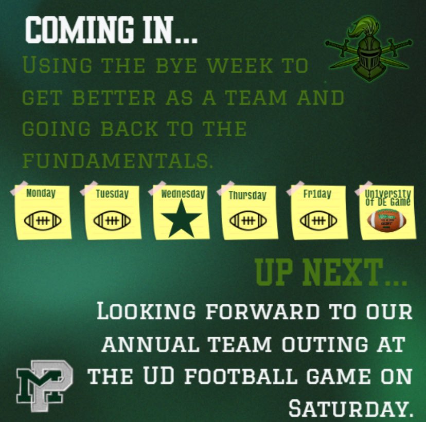 GreenKnightsFB's tweet image. A Wednesday Week Outlook from Coach Allen #wednesday #week #weeklong #outlook #overview #getbetter #byeweek #ud #football #hsfootball #bluehens #GreenKnightsALLin